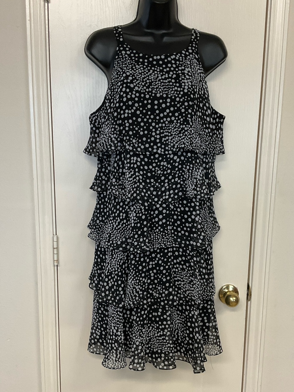 S.L. Fashions Polka-Dot Tiered Shift Dress Black & White Size 14